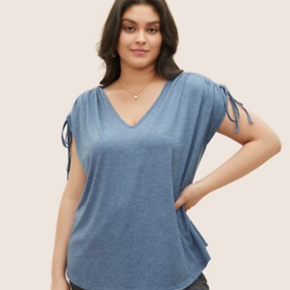 BloomChic Blue V-Neck Blouse with Tie Sleeves